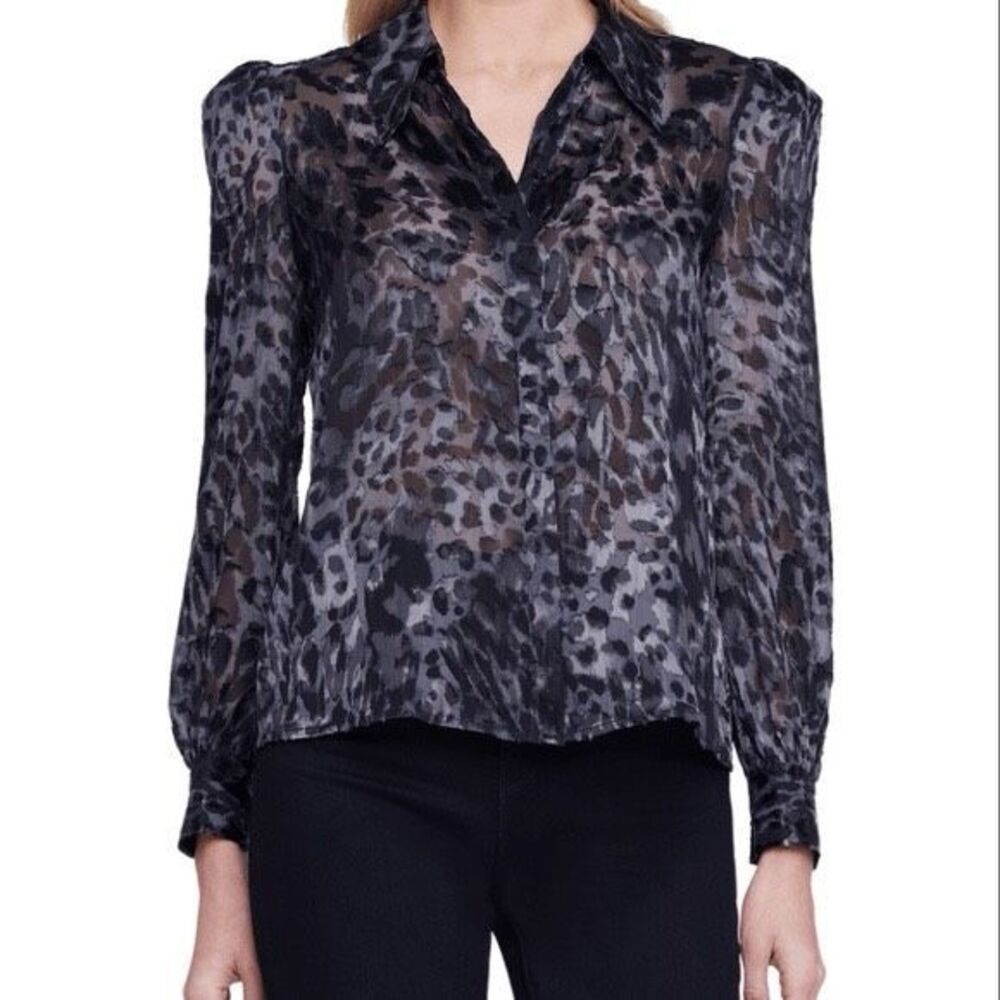 L'AGENCE Women's Jenica Leopard Sheer Long Sleeve Button Up Shirt Black Small